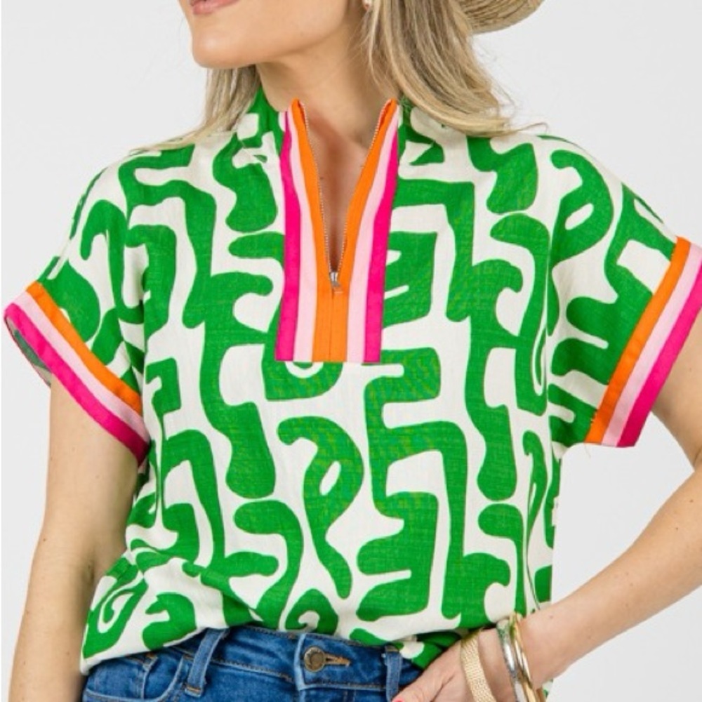 Boutique Stripe Trim Abstract Zip Short Sleeve Top Womens Size 2X